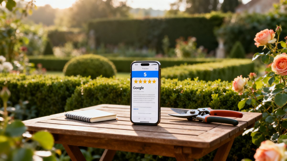 Smartphone affichant un avis cinq étoiles posé sur une table de jardin à côté d'un sécateur