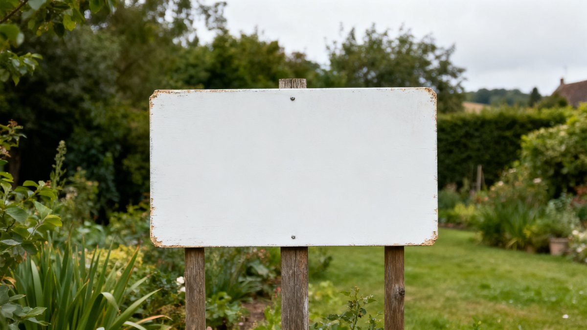 Panneau d'affichage réglementaire de déclaration préalable installé en bordure d'un jardin