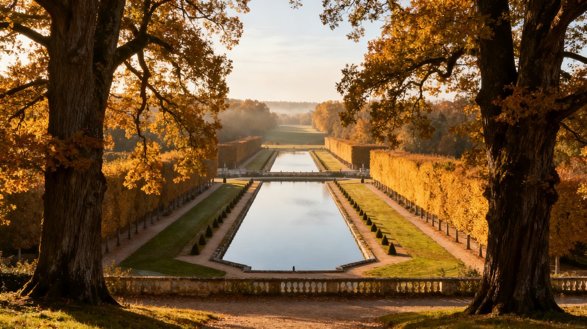 Perspective classique du parc du château de Rambouillet avec grand canal