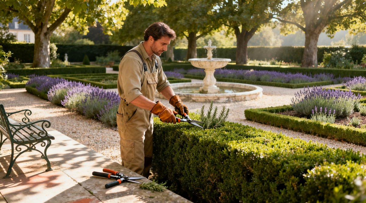 Landscape gardener working in elegant French garden, Yvelines France