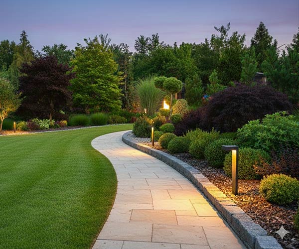 Jardin paysager et allée en grès éclairés